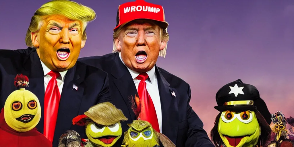 Image similar to Donald Trump in the land of H.R. Pufnstuf, photorealistic