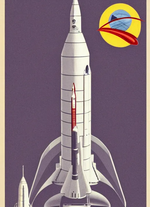 Image similar to detailed 1 9 5 0 s stencil art of the saturn v rocket, cinematic lighting, dawn, apollo space program