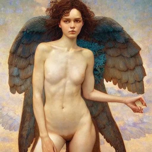 Image similar to epic masterpiece full body portrait a beautiful female angel, flawless skin, perfect body, by Edgar Maxence and Ross Tran and Michael Whelan