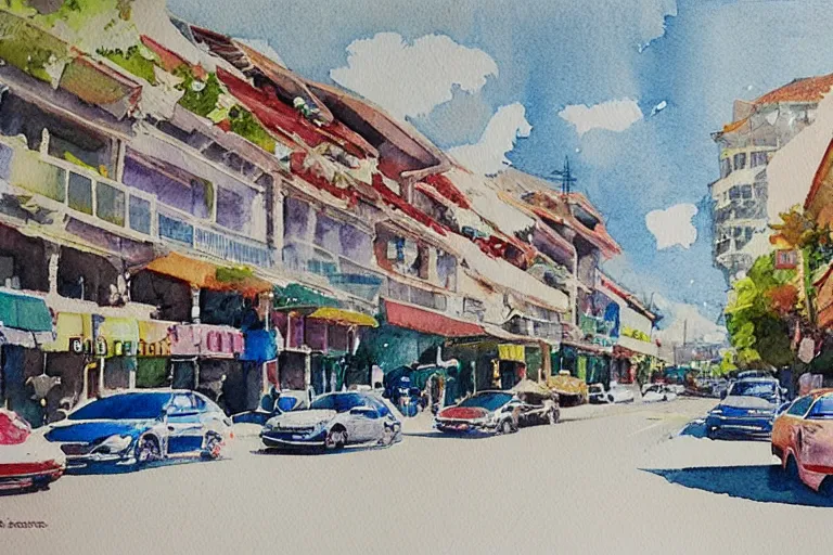 Image similar to !! watercolor!! penang road in a sunny day, artwork by tooth wu, colorful contrast, dark shadow, thick lineart