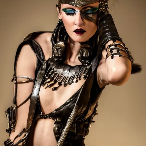 Prompt: a fashion photo portrait of a young Xena Warrior princess, full makup, smokey eye, medium shot. In the style of Helmut newton, robert maplethorpe, Stefano Brunesci, Lachlan Bailey, Herb Ritts, Ellen Von Unwerth, Haris Nukem, Sardax, Annie Leibovitz. detailed photo, hd, 4k, trending on artstation, 35mm, f1.8