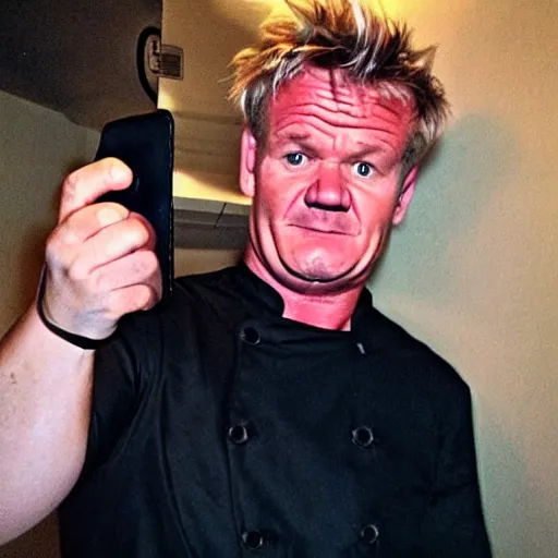 Prompt: gordon ramsey angry, selfie, phone camera, famous chef gordon ramsey, red face, mad, realistic photography