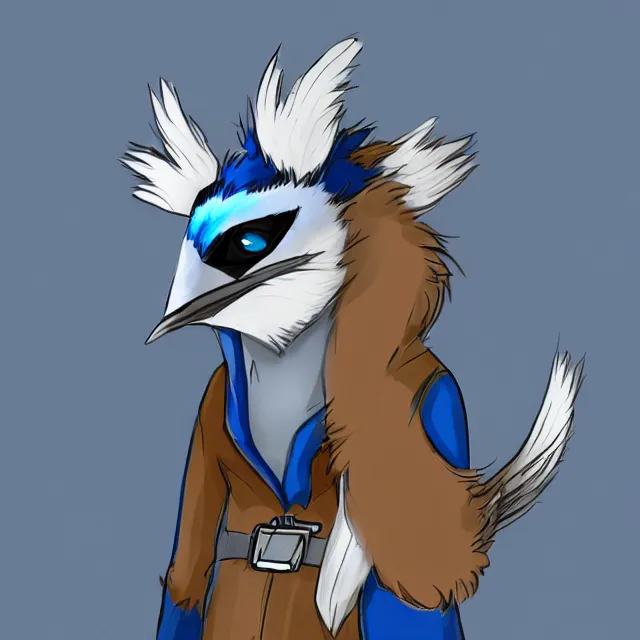 Image similar to a person wearing a fursuit of a blue jay fursona, fursona, furry convention, hotel lobby, indoors, digital art, furry fandom, artstation, deviantart, ref sheet,