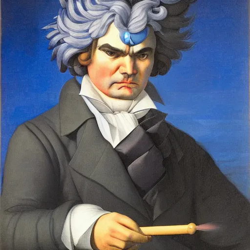 Prompt: a beethoven-koopa-hybrid with blue-hair and a sceptor baton for orchestrating his symphony by Raphael, Hopper, and Rene Magritte. detailed, romantic, enchanting, trending on artstation.