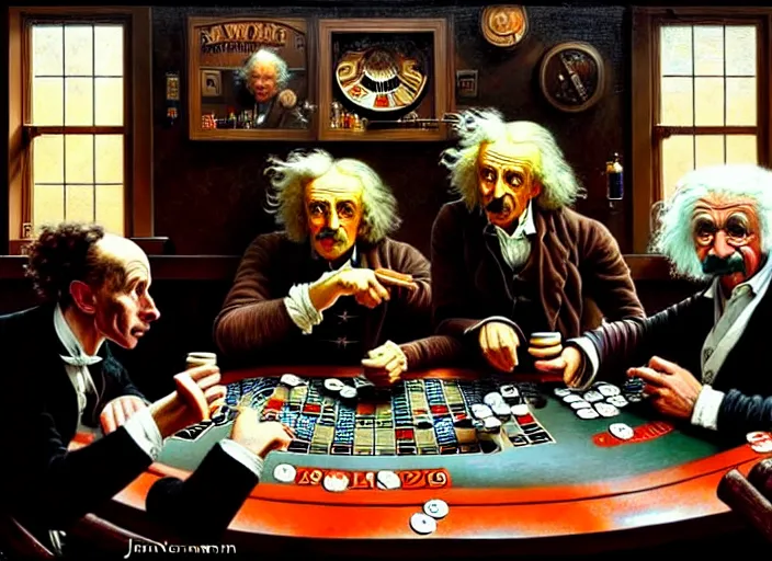 Image similar to isaac newton and stephen hawkins and albert einstein playing poker in an old west saloon, intricate, highly detailed, centered, digital painting, artstation, concept art, smooth, sharp focus, illustration, art by james gurney and norman rockwell and greg rutkowski