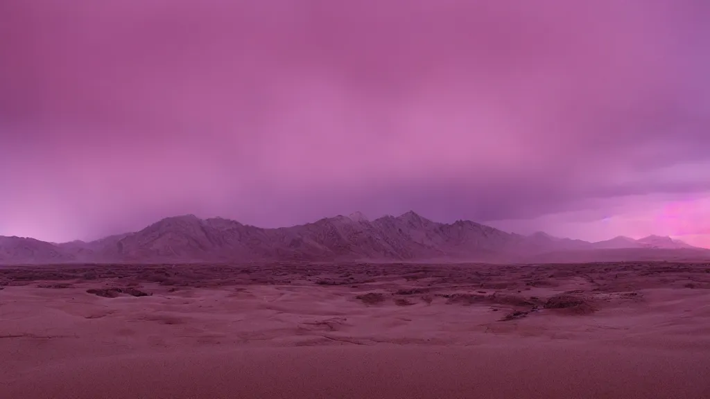 Prompt: soft glow pink desert with snow mountains and cloudy skies, purple fog, thunderstorms in the distance, long exposure, detailed, hyper realistic, photorealism, landscape, ultra wide angle view, peaceful, cinematic, volumetric lighting, god ray through clouds, disturbance