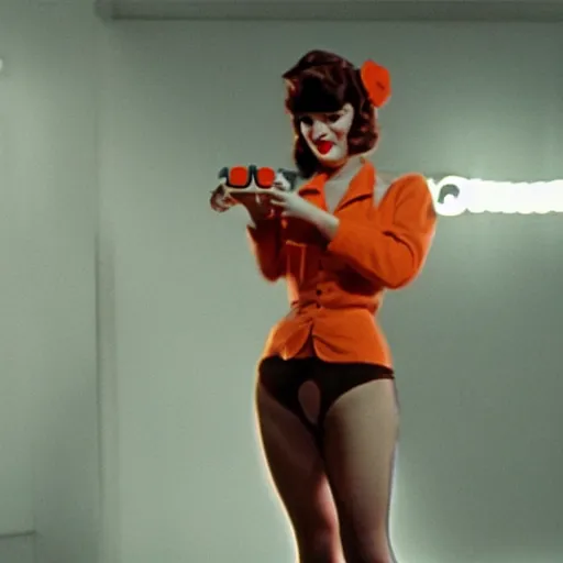 Prompt: a still of a pin up girl playing with a PS4 controller, in the movie A Clockwork Orange, cinematic lighting 4k, bokeh