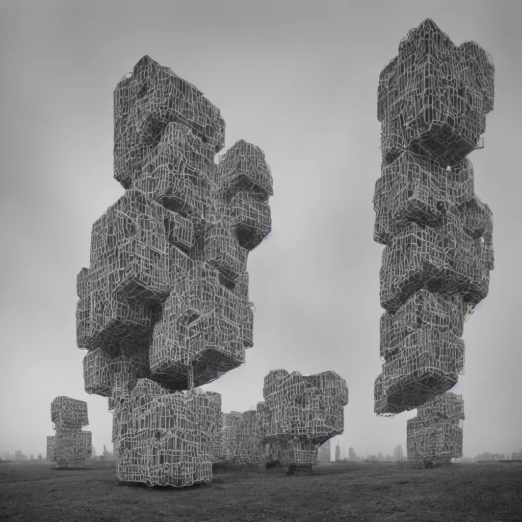 Image similar to two suspended towers made up of colourful makeshift squatter shacks, plain uniform sky at the back, misty, mamiya rb 6 7, ultra sharp, very detailed, photographed by zaha hadid