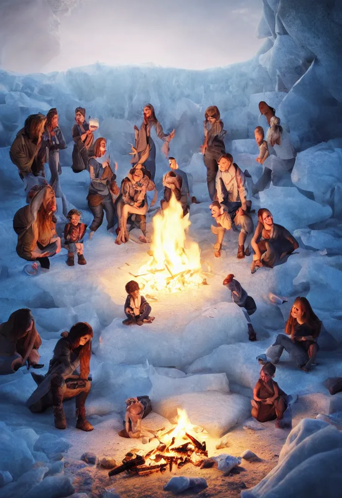 Image similar to realistic white tribe gather around a bonfire with a pregnant woman as her leader, proud people, sharp, ice cave, facinating, fantasy digital art, octane render, beautiful composition, trending on artstation, award - winning photograph, masterpiece