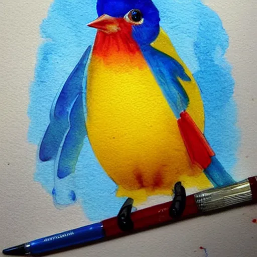 Image similar to a beautiful adorable fantasy whimsical watercolor painting of a blue bird, a red bird and a yellow bird, bright blue sky, Disney concept art, trending on artstation hq, contest winner