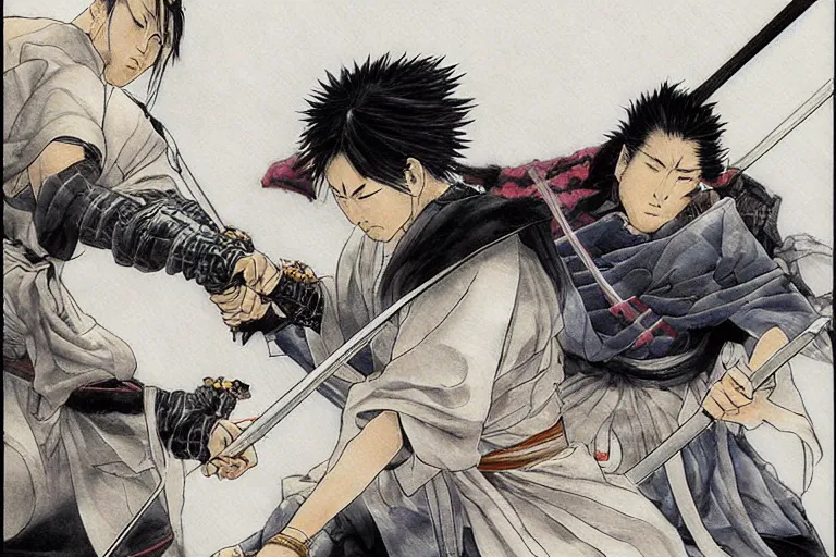 Image similar to epic and cinematographic samurai duel, by takehiko inoue and Hiroshi Hirata