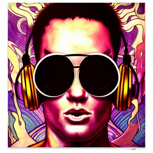 Prompt: detailed artwork disco flyer of a hardstyle DJ, in the style of art of Artgerm and Greg Rutkowski and Alphonse Mucha, headphones, sunglasses, stage speakers