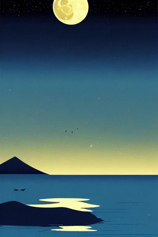 Prompt: crescent moon, ocean, night sky with stars, scenery wallpaper aesthetic, beautiful, cinematic, dramatic, super detailed and intricate, hyper realistic, 4 k render, by darwyn cooke, by kentaro miura, by koson ohara, by hasui kawase, by wayne thiebaud