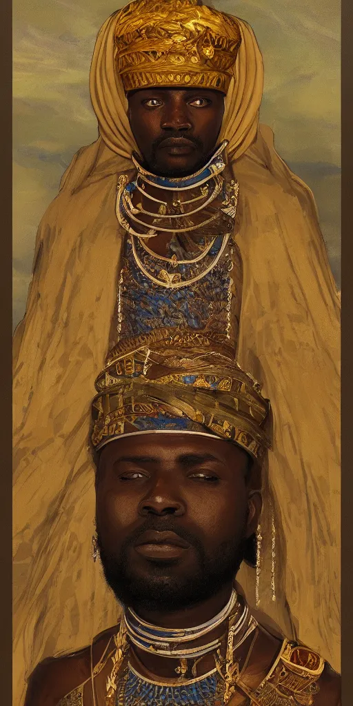 Image similar to a stunning and noble highly detailed romantic period style portrait of Mansa Musa by Josep Tapiró Baró, trending on artstation, oil painting masterpiece, symmetry, African iconography