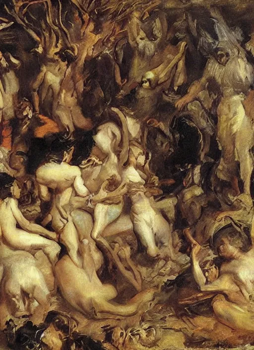 Image similar to artwork painting witches sabbath by goya, eugene von guerard, ivan shishkin, john singer sargent