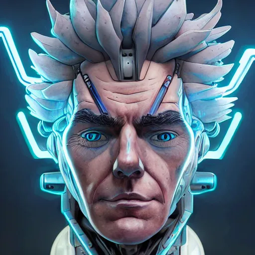 Prompt: transformers rick sanchez portrait by and james jean and erik jones, inspired by ghost in the shell transformers, beautiful fine face features, intricate high details, sharp, ultradetailed, 3 d octane render