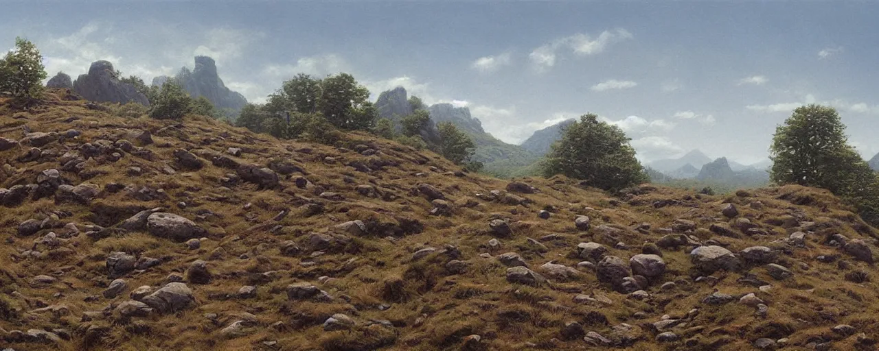 Image similar to a high hill landscape with a circle of four large stones like fingers on the top, by ted nasmith