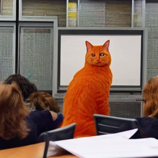 Prompt: an orange cat, with glasses on, teaching a philosophy class