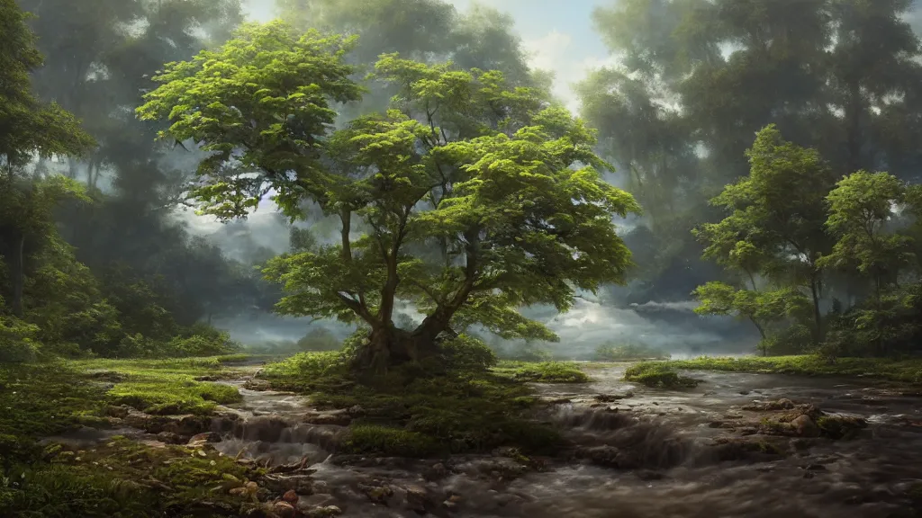 Image similar to A beautiful, highly detailed, very realistic oil painting of a single cloud tree with lots of cloud shaped leaves, next to a small crystal clear river, oil painting by Greg Rutkowski.