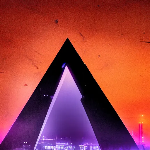 Prompt: dark spooky purple sky, with a rune covered evil looking giant red neon pyramid covered in fog and mist, rust and ruined cities behind it