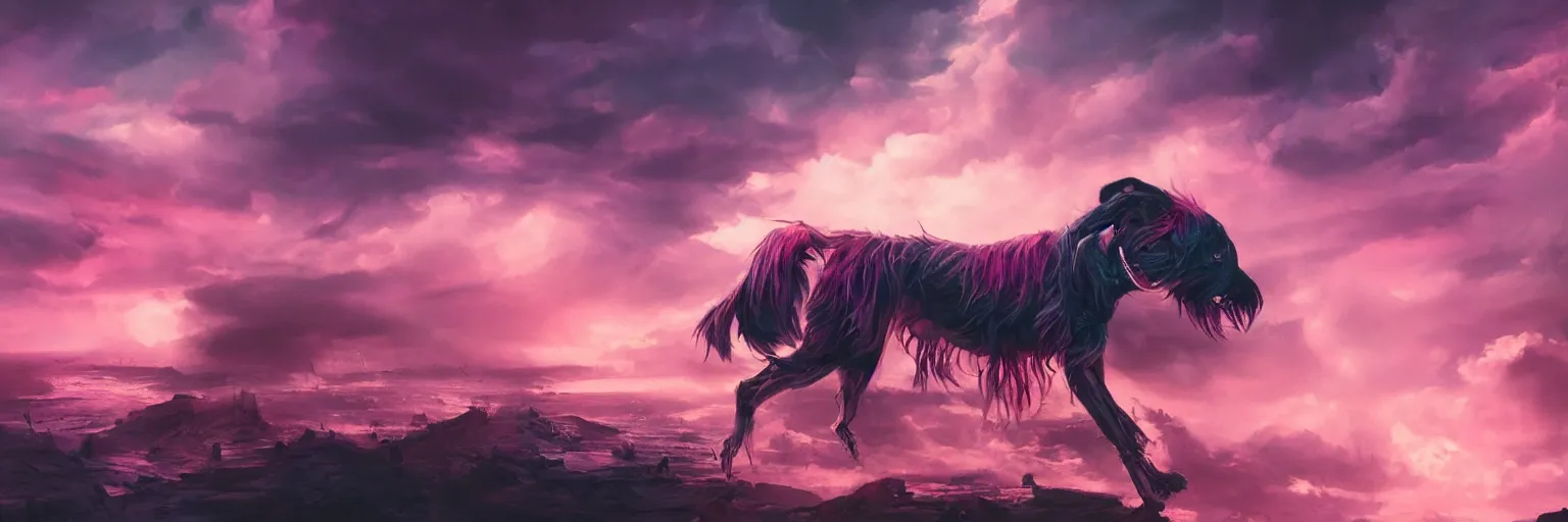 Prompt: hyperdetailed illustration, portrait big dark dog, mohawk, stars, pink, pirate neon ship, neon, oil painting, rich deep colors masterpiece, ultra detailed, contrast, heaven pink, clouds, volumetric light, atmospheric lighting, dramatic, cinematic, moody, octane render 4 k, 8 k