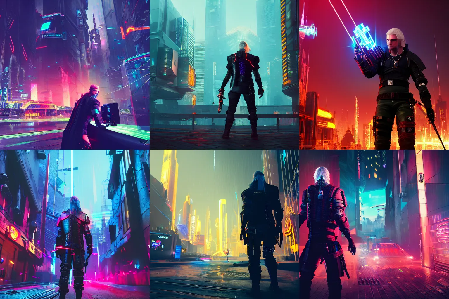 Prompt: cyberpunk witcher, shooting with laser gun, neon city in the background, dynamic lights, illustration, trending on artstation, vray 4k