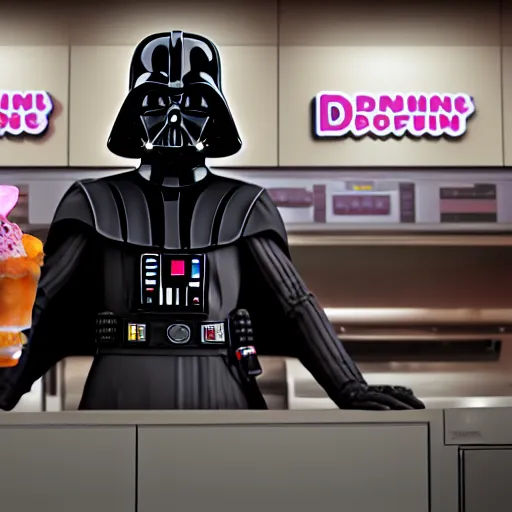 Image similar to darth vador working at dunkin donuts , 8k cinematic lighting, very sharp detail, anatomically correct