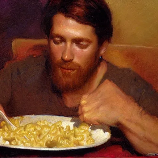 Prompt: Jesus eating mac n’ cheese, painting by Gaston Bussiere, Craig Mullins