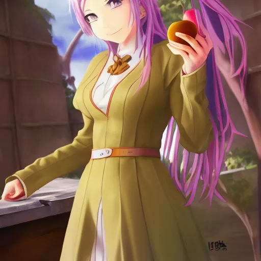 Prompt: isekai masterpiece by liya nikorov, zeronis, sciamano 2 4 0, and airi pan. of a girl holding an apple