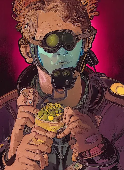 Prompt: cyberpunk fruit salesman. portrait by ashley wood and alphonse mucha and laurie greasley and josan gonzalez and james gurney. spliner cell, apex legends, rb 6 s, hl 2, d & d, cyberpunk 2 0 7 7. realistic face. vivid color. dystopian setting.