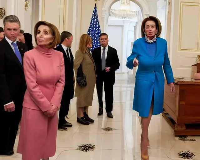 Prompt: nancy pelosi looks at natalya poklonskaya, nancy and natalya are in the bishkek center