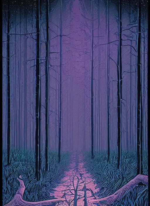 Prompt: a forest at night by Dan Mumford