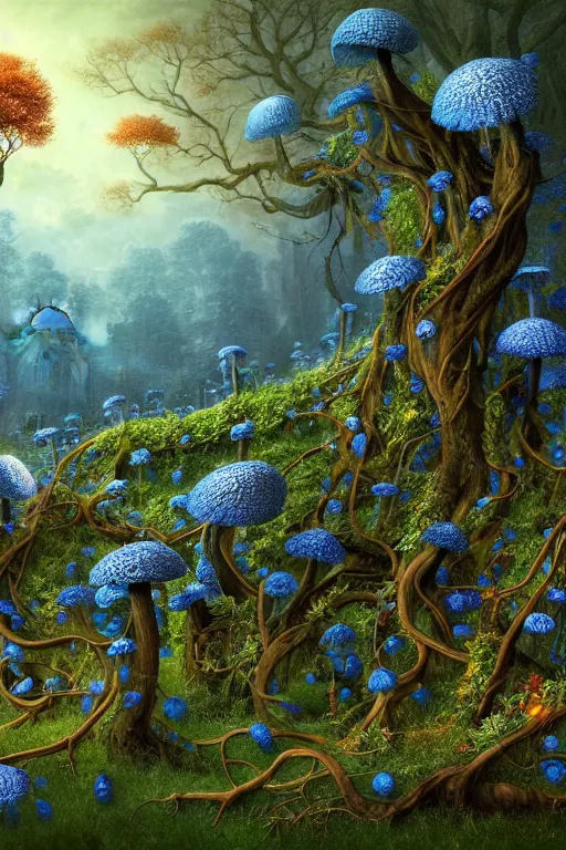 Image similar to a beautiful digital illustration painting of a detailed gothic fantasy vines and roots, blue mushrooms, flowers by benoit b. mandelbrot, steven belledin, martin johnson heade, lee madgwick, caspar david friedrich, and david rios ferreira. 8 k resolution trending on artstation concept art digital illustration