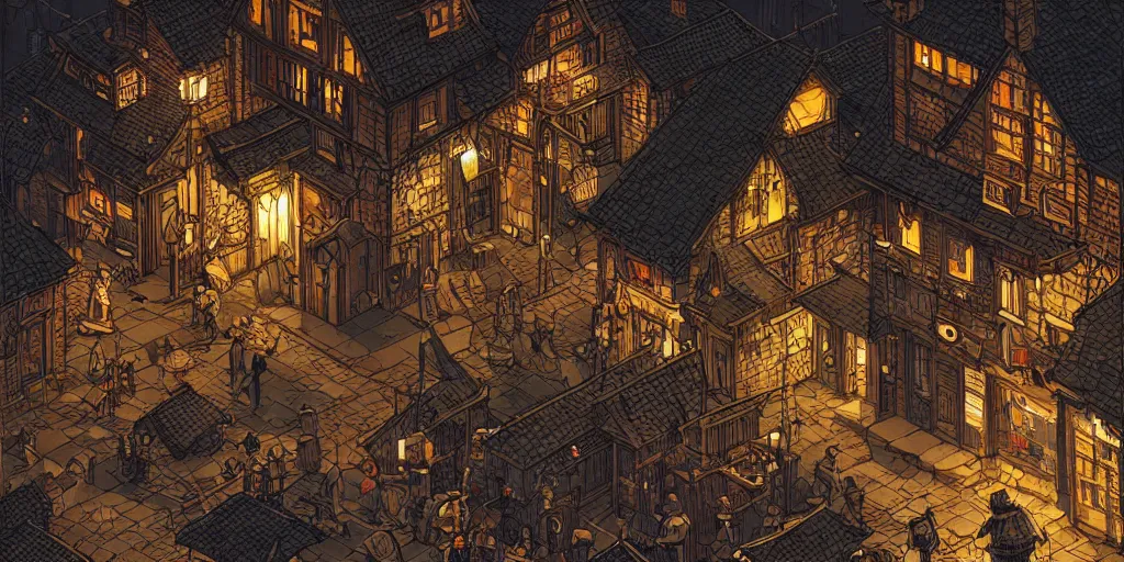 Prompt: isometric view illustration of a medieval village street corner, highly detailed, dark, gritty, at night, glowing lamps scattered around, by Victo Ngai