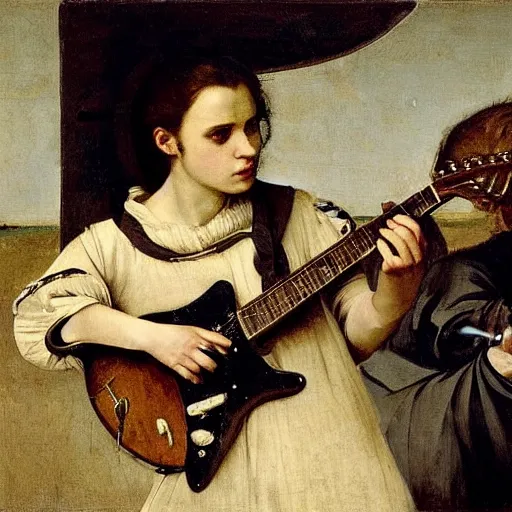 Image similar to Anna Calvi playing electric guitar by Caravaggio and Jules Bastien-Lepage, masterpiece