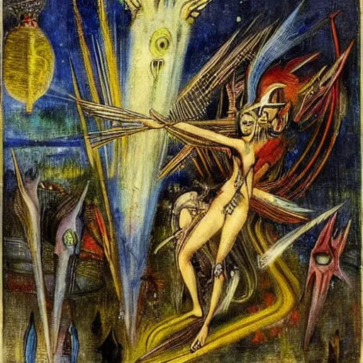 Image similar to by gustave moreau, by wifredo lam unnerving, comforting. a beautiful illustration of a space battle with wild, bright colors.