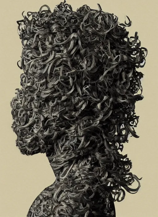 Image similar to a black man's face with long curly hair in profile, made of skeleton leafs, in the style of the Dutch masters and Gregory Crewdson, dark and moody