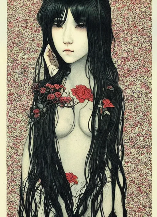 Image similar to pop surrealism, hyper realism, muted colors seductive female venus, cute girl, long hair, art by takato yamamoto, trevor brown