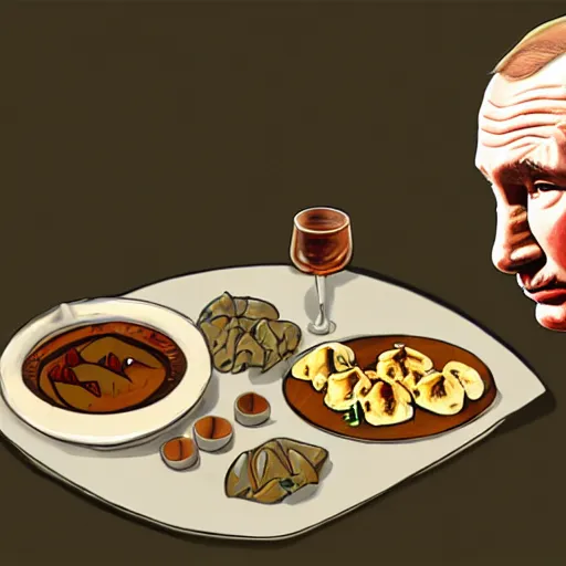 Image similar to happy putin eats dumplings, concept art, trending on artstation, highly detailed, intricate, sharp focus, digital art, 8 k