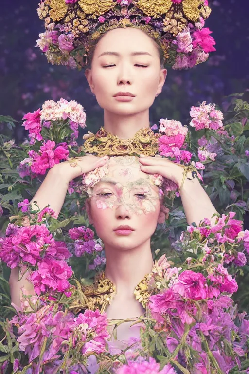 Image similar to a beautiful portrait of an empress in her garden, with a brilliant, impossible striking big flower headpiece, clothes entirely made out of flowers, symmetrical, closeup, dramatic studio lighting, rococo, baroque, jewels, asian, hyperrealism, D&D, fantasy, intricate, elegant, highly detailed, digital painting, artstation, octane render, 8k, concept art, matte, sharp focus, illustration, art by Artgerm and Greg Rutkowski and Alphonse Mucha