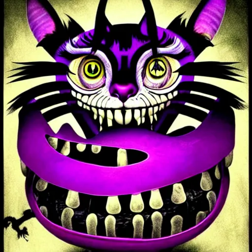 Prompt: graphic illustration, creative design, alice cooper as cheshire cat, biopunk, francis bacon, highly detailed, hunter s thompson, concept art