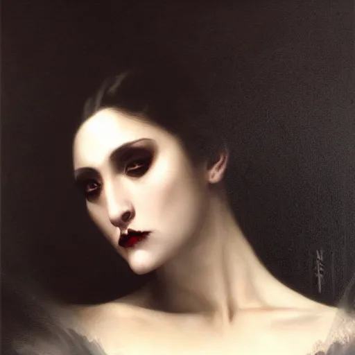 Image similar to Demonic beautiful vampire woman mistress of death mourning widow vintage gown with a faint smile dark lipstick, emerging from dark fog and smoke, colourful trending artstation, detailed portrait academic caravaggio Bouguereau, sharp focus medium shot