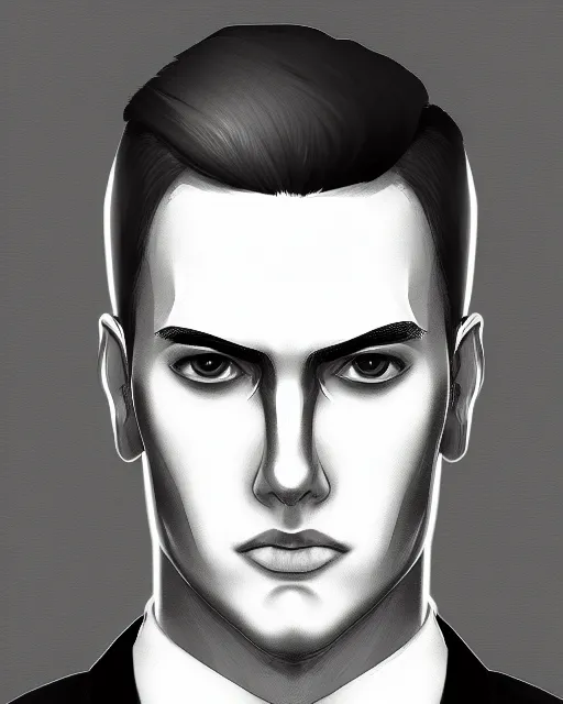 Image similar to detailed portrait Young Adult Male in business suit. Cyberpunk style, corporate styled pure black hair, Pale skin, blank facial expression, Simple professional fitting suit, illustrated by Nai_ Ga Artstation Perfect face, fine details, realistic shaded,