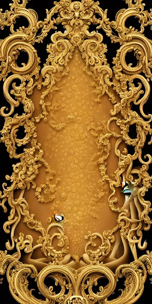 Image similar to the source of future growth dramatic, elaborate emotive Golden Baroque and Rococo styles to emphasise beauty as a transcendental, seamless pattern, symmetrical, large motifs, bvlgari jewelry, rainbow liquid splashing and flowing, Palace of Versailles, 8k image, supersharp, spirals and swirls in rococo style, medallions, iridescent black and rainbow colors with gold accents, perfect symmetry, High Definition, sci-fi, Octane render in Maya and Houdini, light, shadows, reflections, photorealistic, masterpiece, smooth gradients, high contrast, 3D, no blur, sharp focus, photorealistic, insanely detailed and intricate, cinematic lighting, Octane render, epic scene, 8K