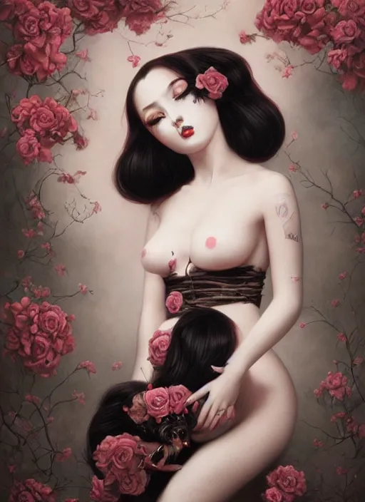 Image similar to pop surrealism, lowbrow art, realistic seductive cute woman painting, long black hair, japanese shibari with flowers, hyper realism, muted colours, rococo, natalie shau, loreta lux, tom bagshaw, mark ryden, trevor brown style,