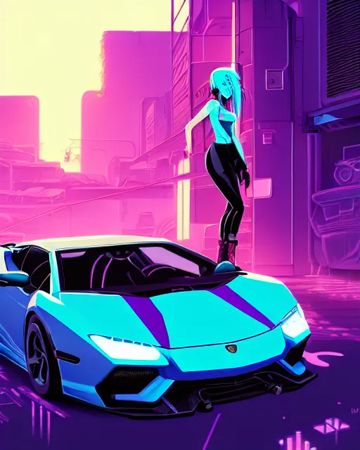 Image similar to digital illustration of cyberpunk pretty girl with blue hair, standing in front of a purple lamborghini, in junkyard at night, by makoto shinkai, ilya kuvshinov, lois van baarle, rossdraws, basquiat