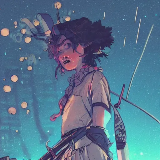 Image similar to close up, pose pointing with an arrow bow and screaming!!, a grungy cyberpunk anime, very cute, by super ss, curly pink hair, night sky by wlop, james jean, victo ngai, highly detailed