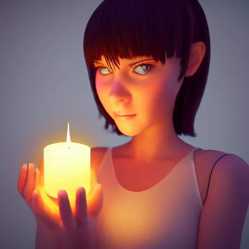 Image similar to A cute girl holding a glowing candle, fragile, soft, vray, hyperdetailed, 3d character, game character