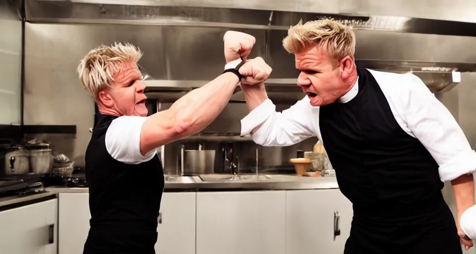 Image similar to photo of angry furious Gordon Ramsay punching Gordon Ramsay at the kitchen