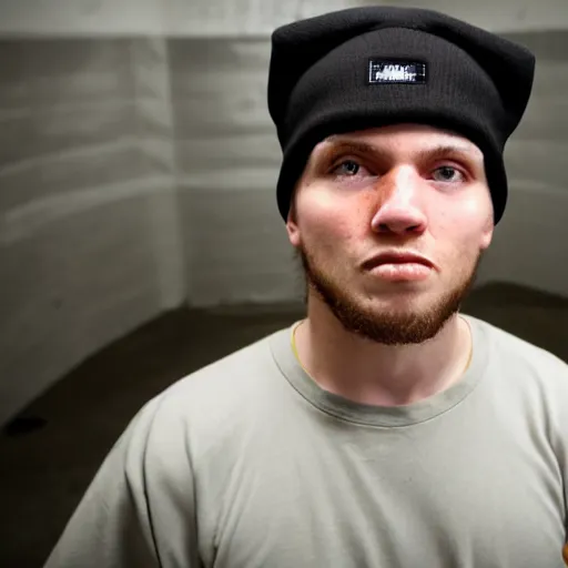 Image similar to close-up a 25 year old man wearing a black winter hat and a orange jail inmate tshirt, inside a underground facility, blue eyes, hideous, side lighting, Jan Kalous, D-55240